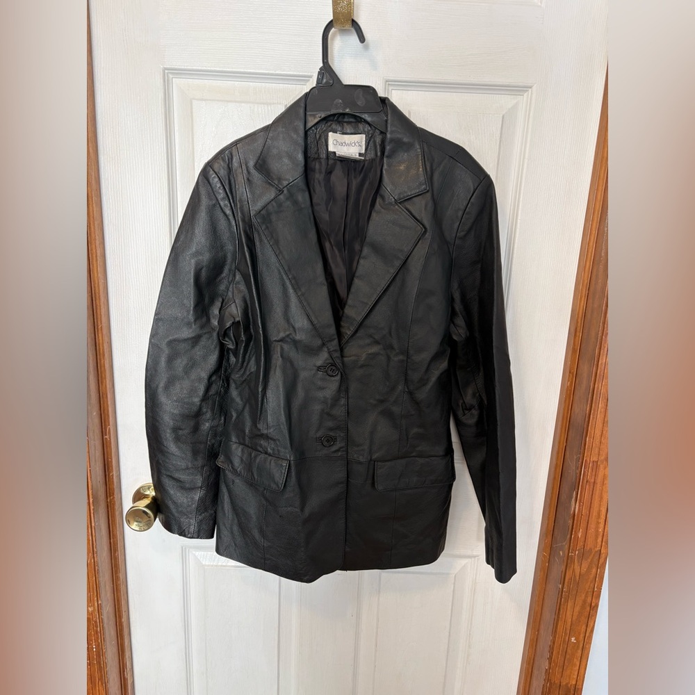 Chadwick’s 100% Leather Black Jacket Button Down Pockets Size 12 Vintage